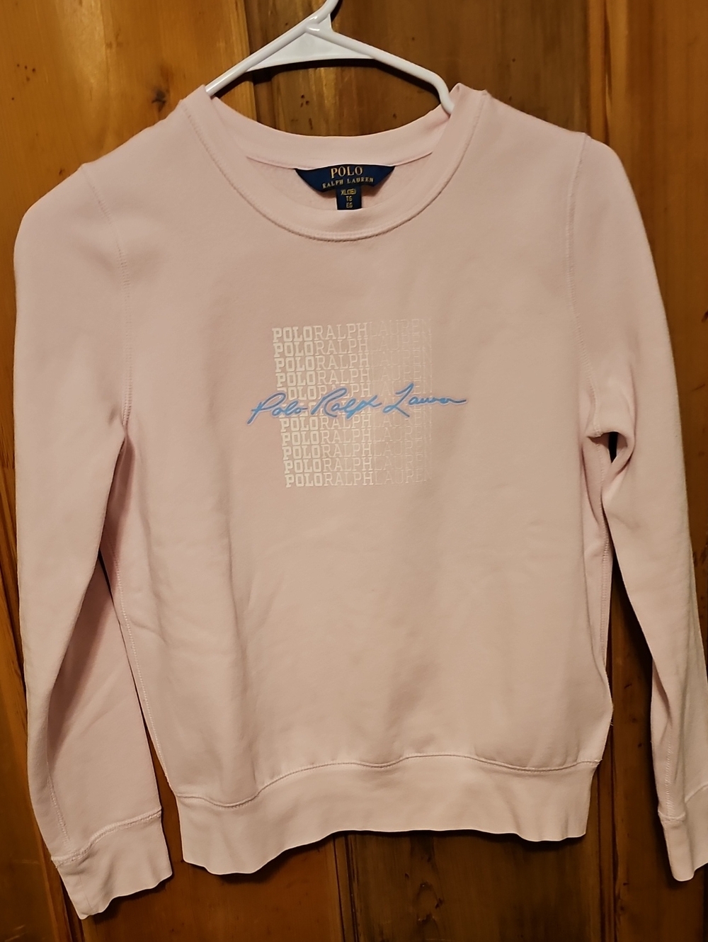 Polo by Ralph Lauren Pale Pink Crewneck Sweatshirt with Blue Script - Size 16 XL